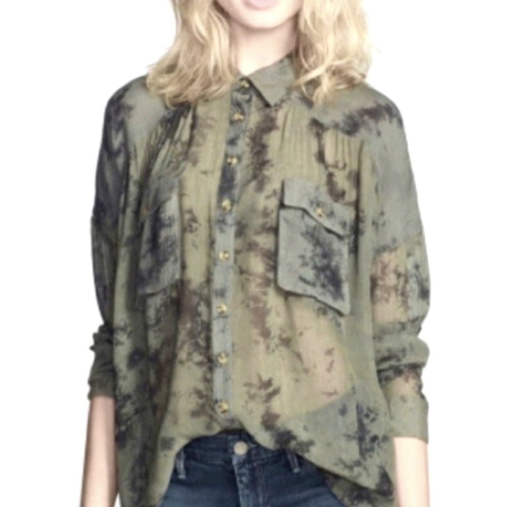 Free People Rayon Tie-Dye Button Down Bohemian Green Blouse Sz XS Oversized